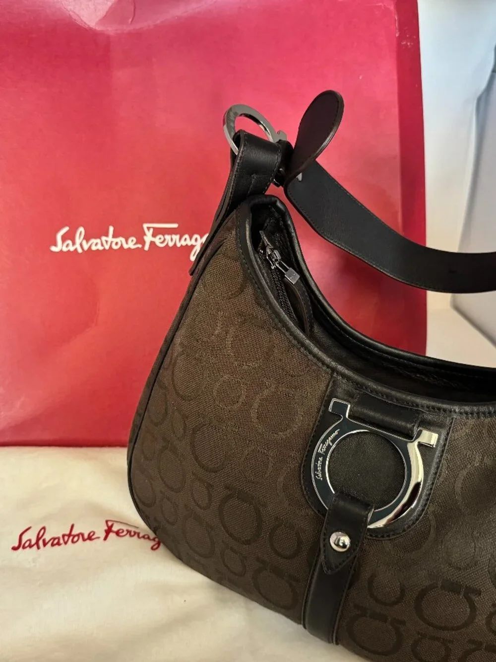 Salvatore Ferragamo Gancini Brown Jacquard Shoulder Bag | Made in Italy | Box &